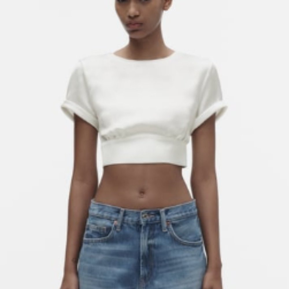 ZARA Faux Satin Open Back Tie Top NWOT White Size XS